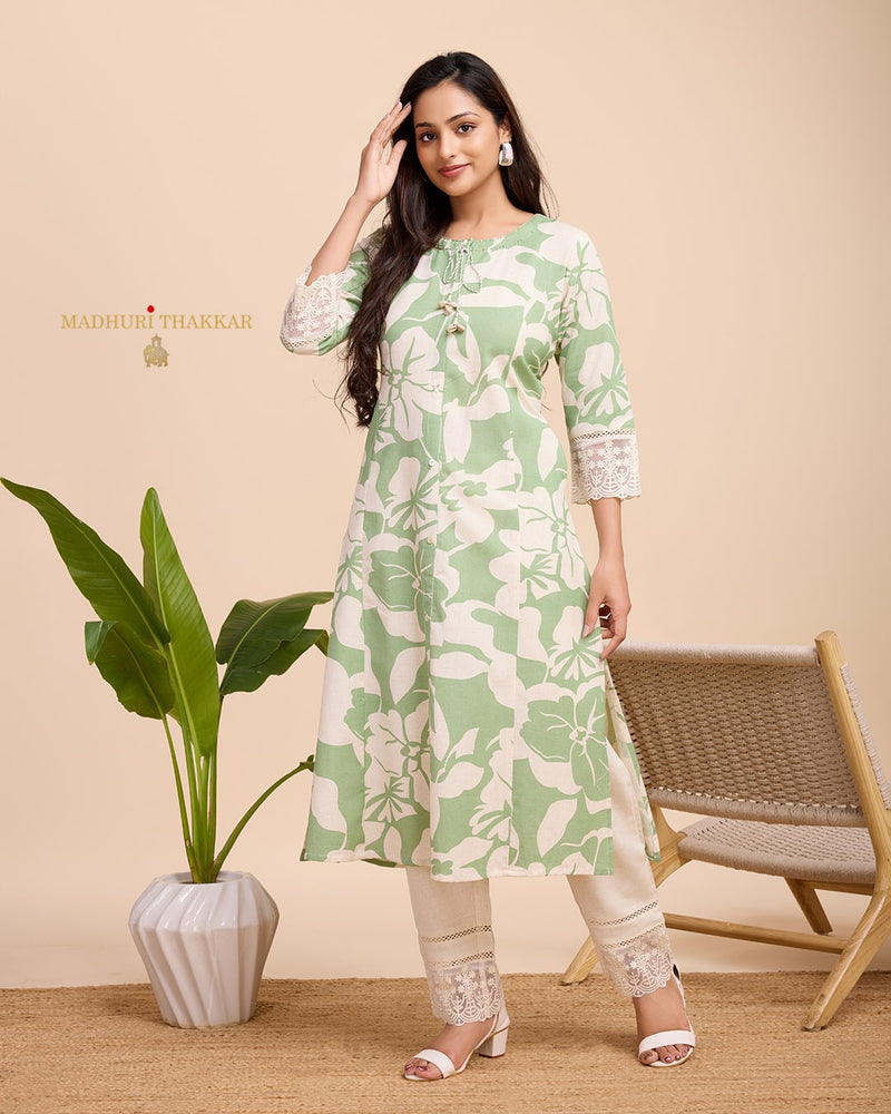 Green Ivory A Line Cotton Kurta Set