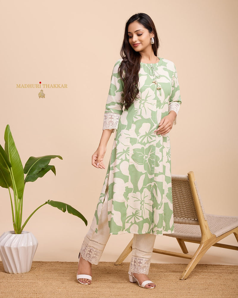 Green Ivory A Line Cotton Kurta Set