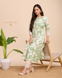 Green Ivory A Line Cotton Kurta Set