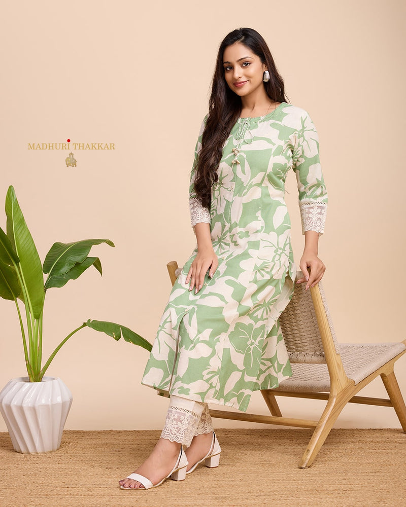 Green Ivory A Line Cotton Kurta Set