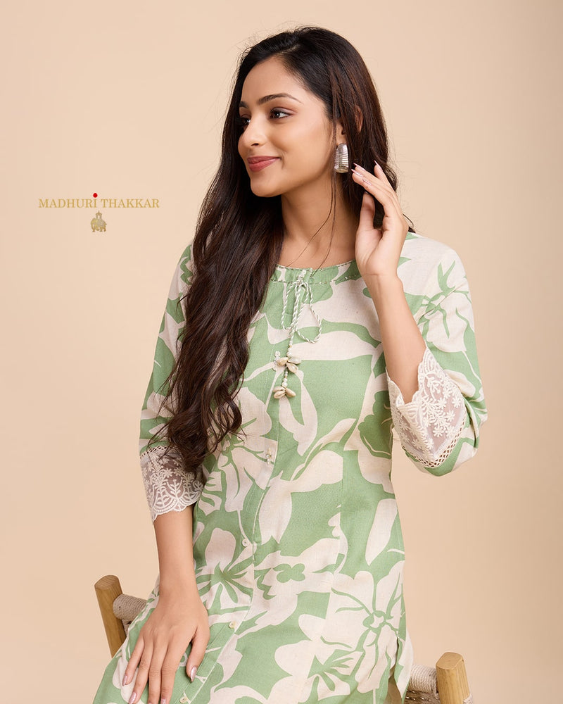 Green Ivory A Line Cotton Kurta Set