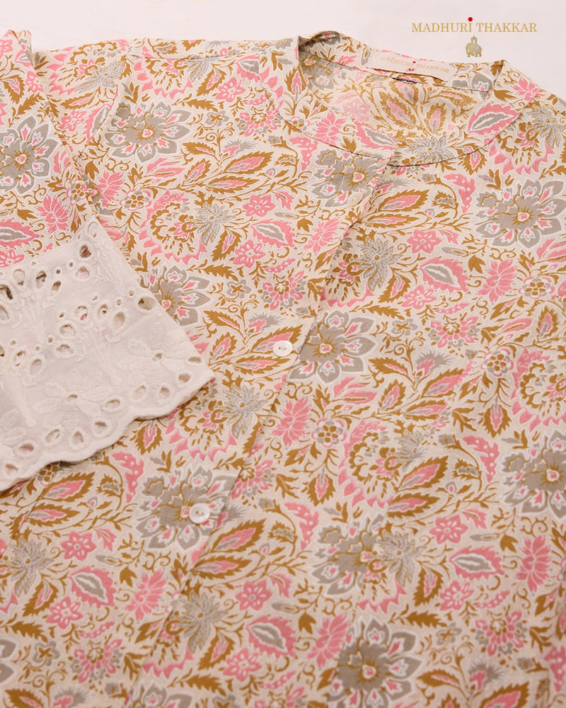 Peach Floral Cotton A Line Kurta Set