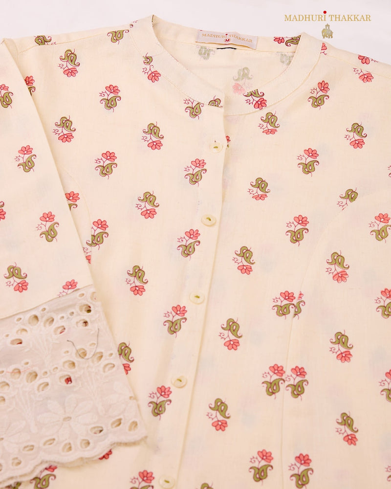 Ivory-Pink Vintage Floral Cotton A Line Kurta Set