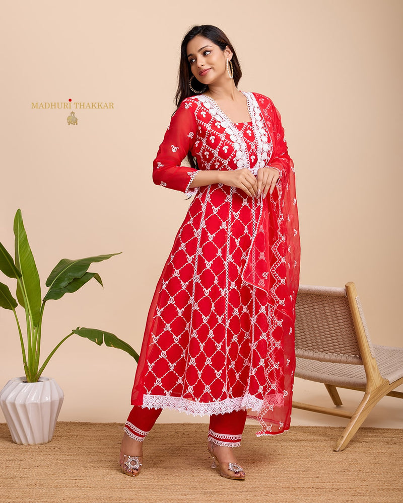 Red Organza Schiffli Anarkali