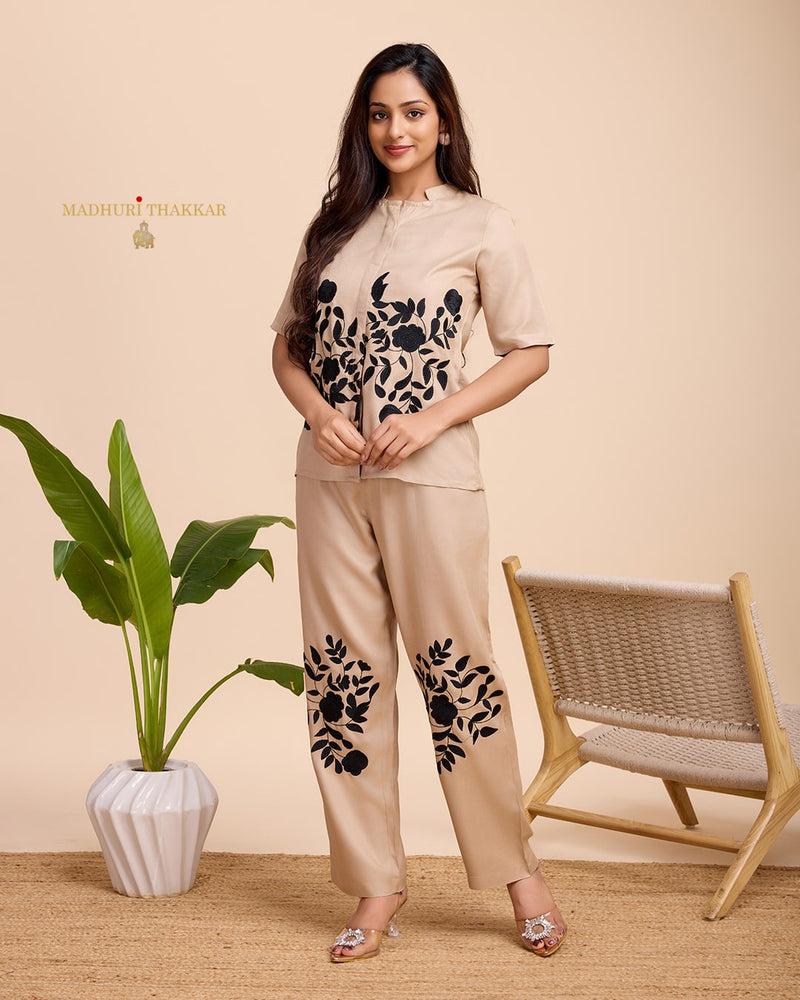 Beige Thread Embroidered Co-ord
