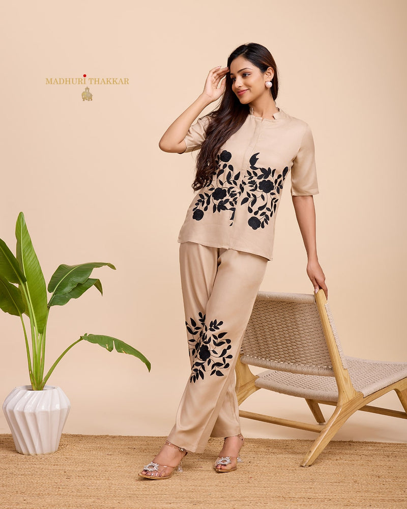 Beige Thread Embroidered Co-ord