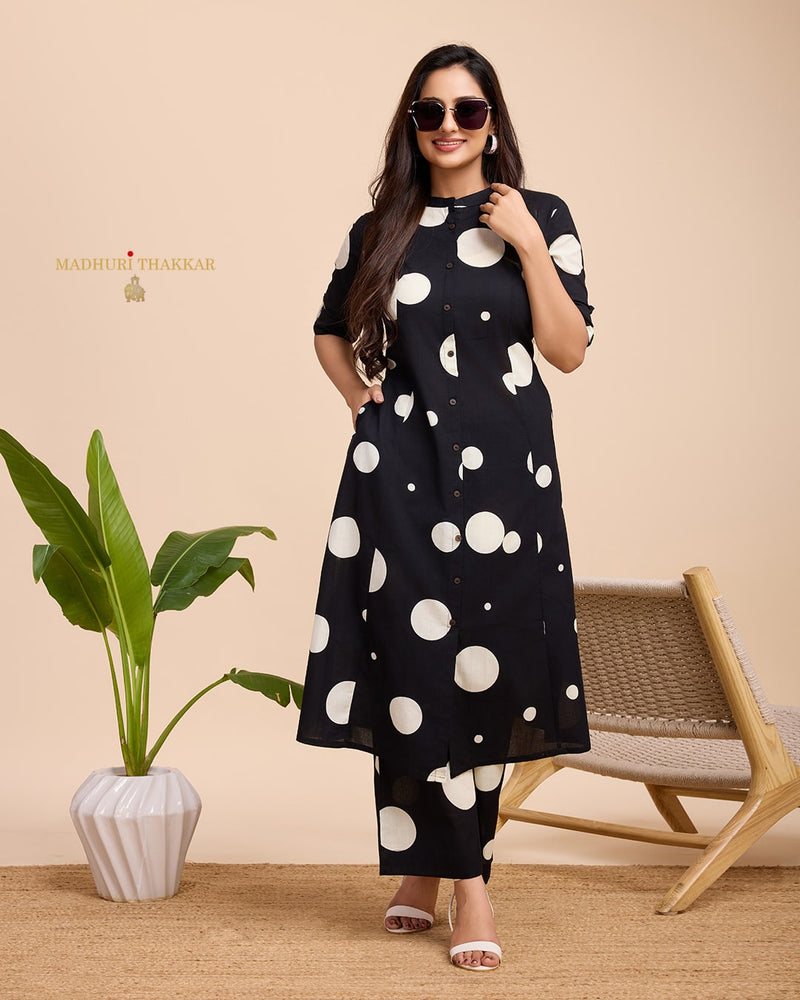 Black Polka Dots Cotton Kurta Set