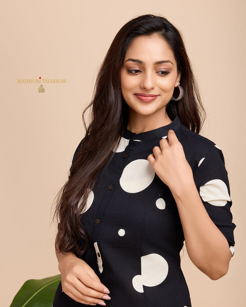 Black Polka Dots Cotton Kurta Set
