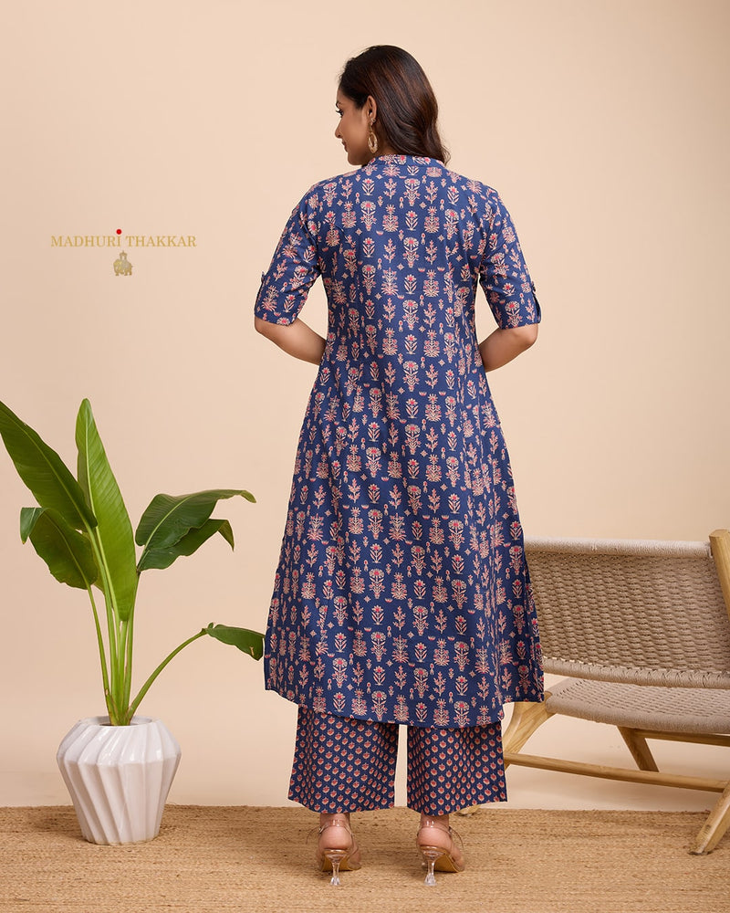 Navy Blue Floral Cotton Kurta Set