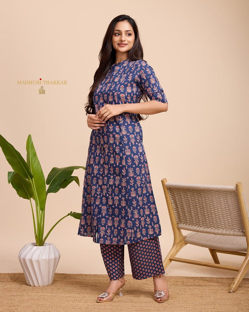 Navy Blue Floral Cotton Kurta Set