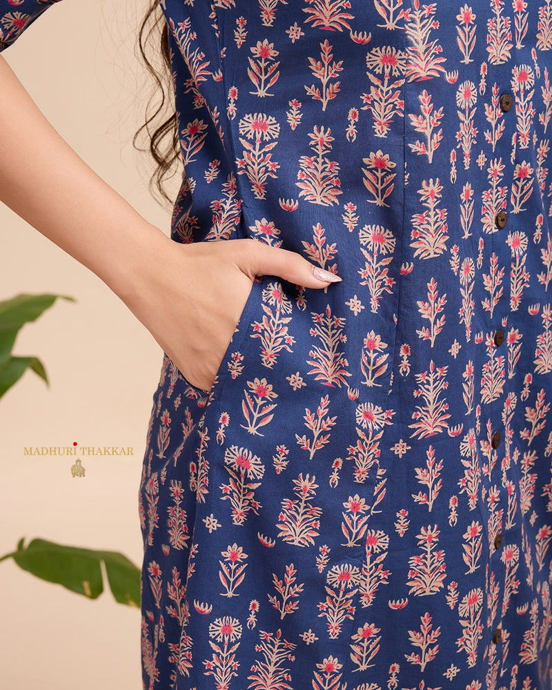 Navy Blue Floral Cotton Kurta Set