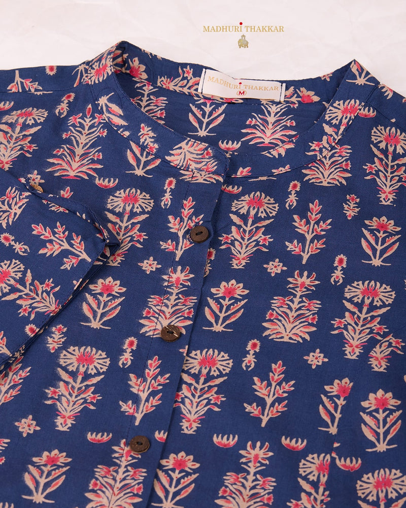 Navy Blue Floral Cotton Kurta Set