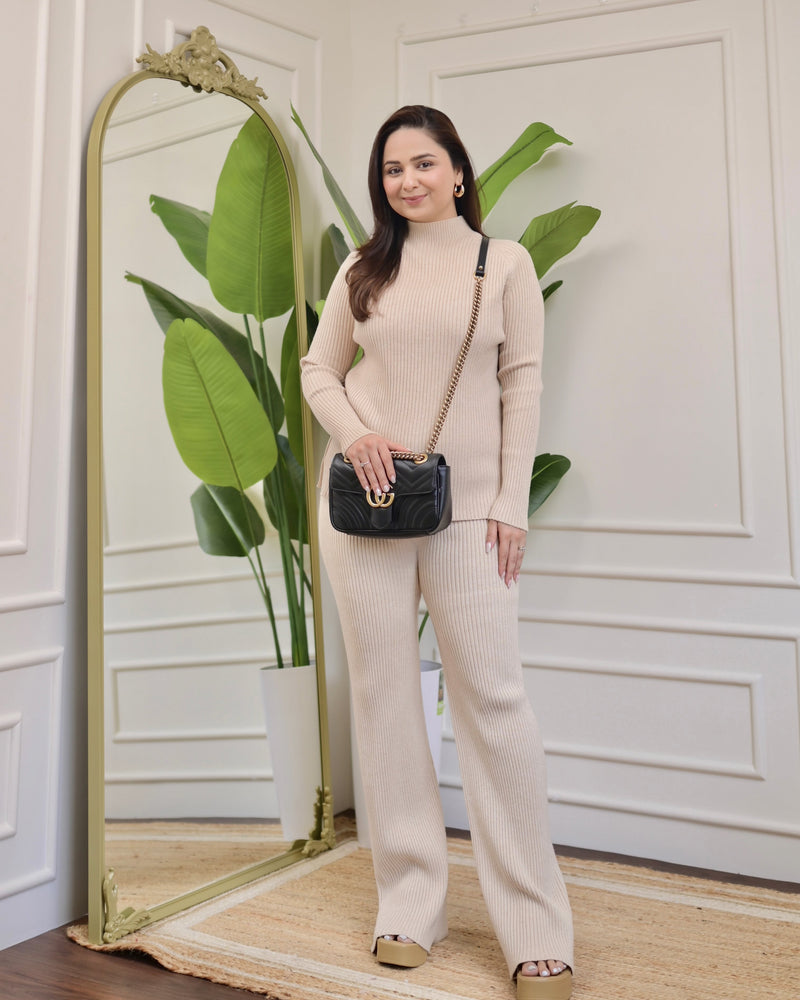 Beige Knitted Winter Airport Co-ord Set