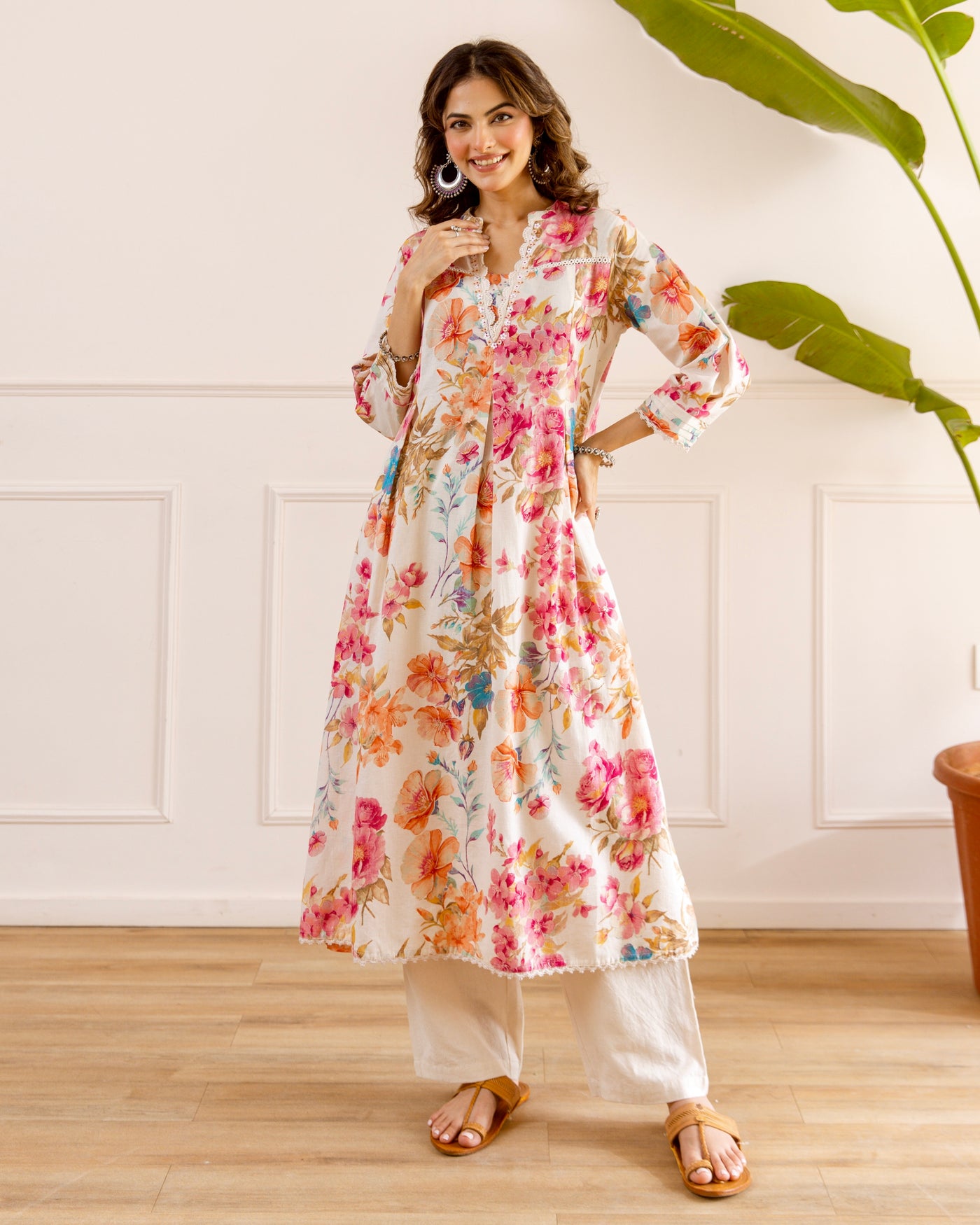 Ivory Rose Garden Cotton A Line Kurta Set