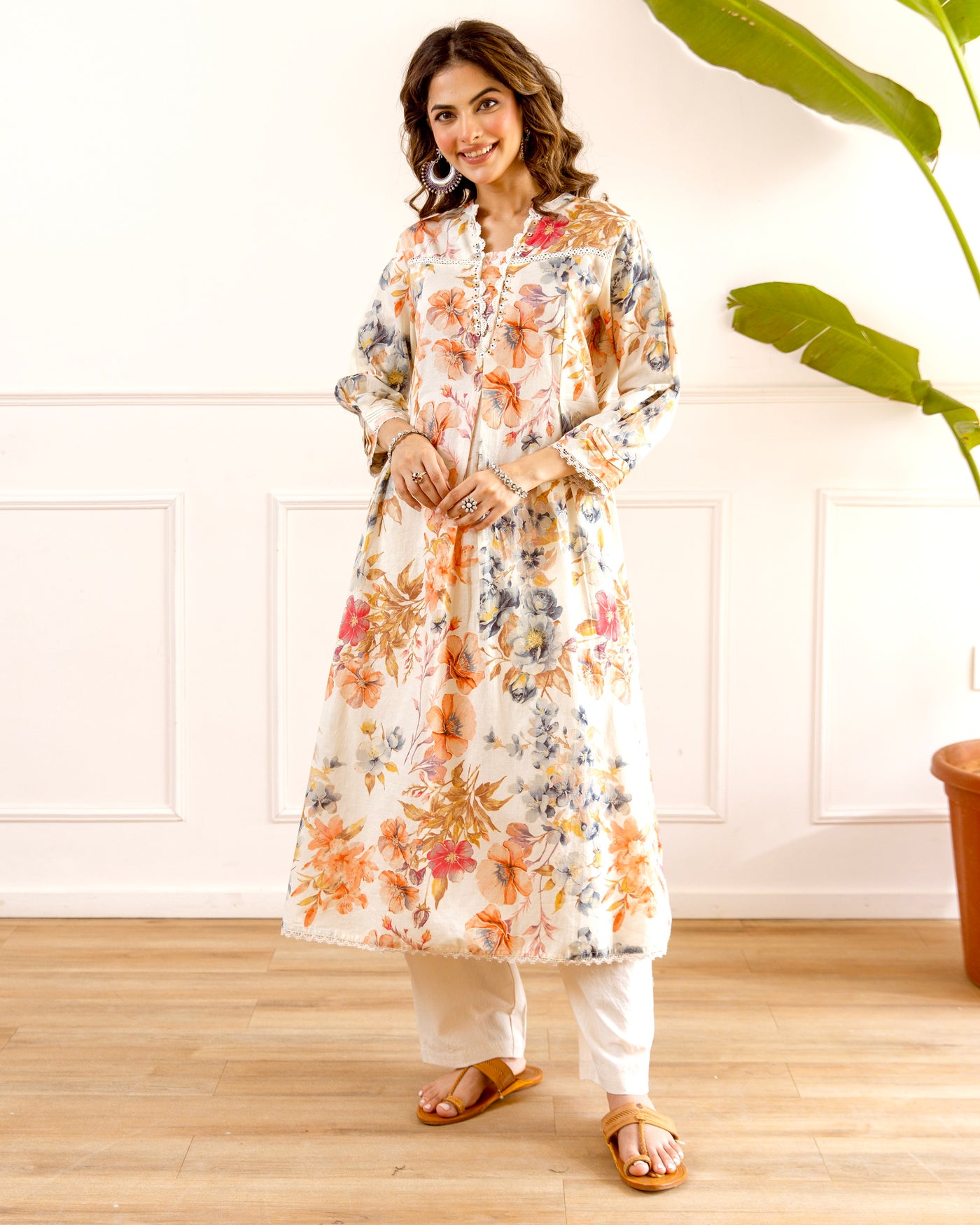 Ivory Peach Botanica Cotton A Line Kurta Set