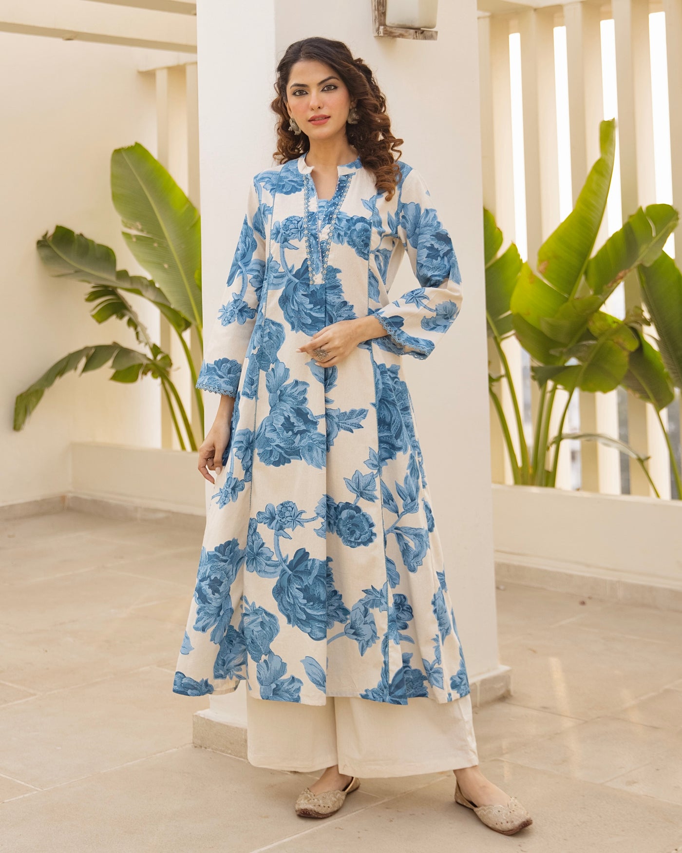 Ivory Blue Bloom Cotton A Line Kurta Set