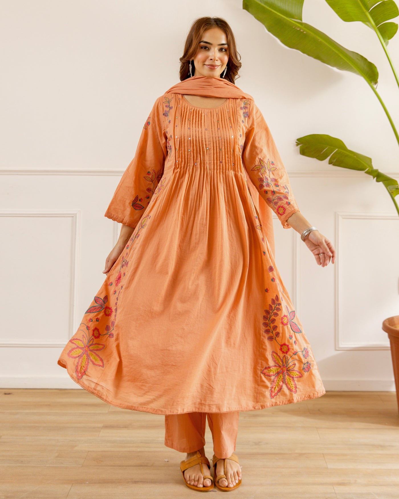 Peach Blossom Threadwork Mul Cotton A Line Suit