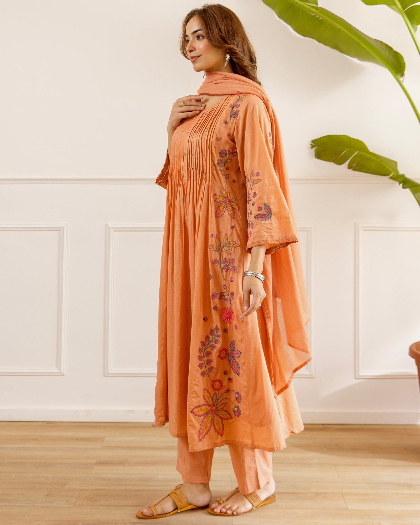 Peach Blossom Threadwork Mul Cotton A Line Suit
