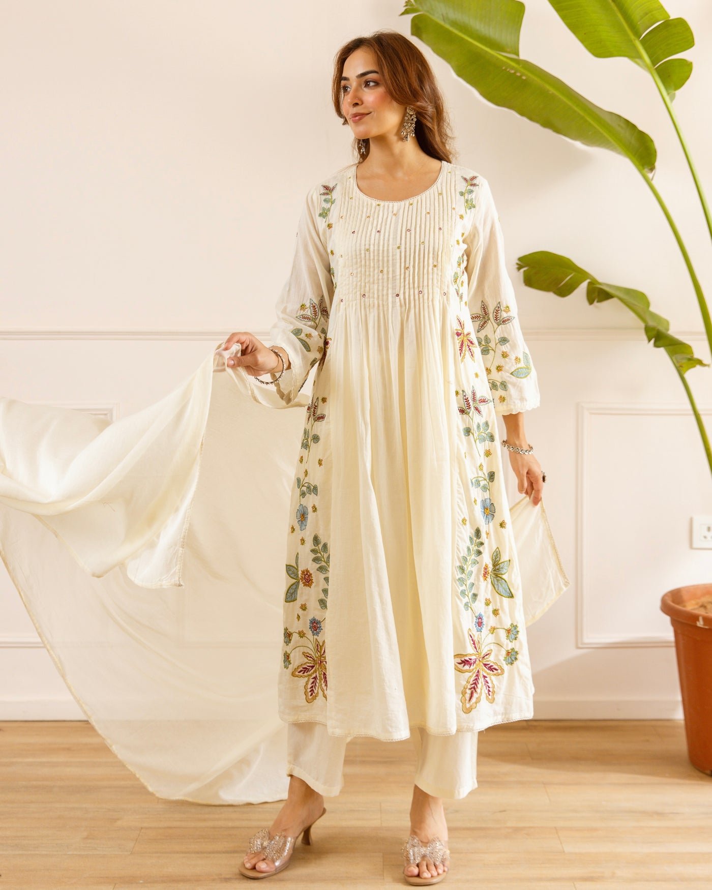 Ivory Bloom Threadwork Mul Cotton A Line Suit