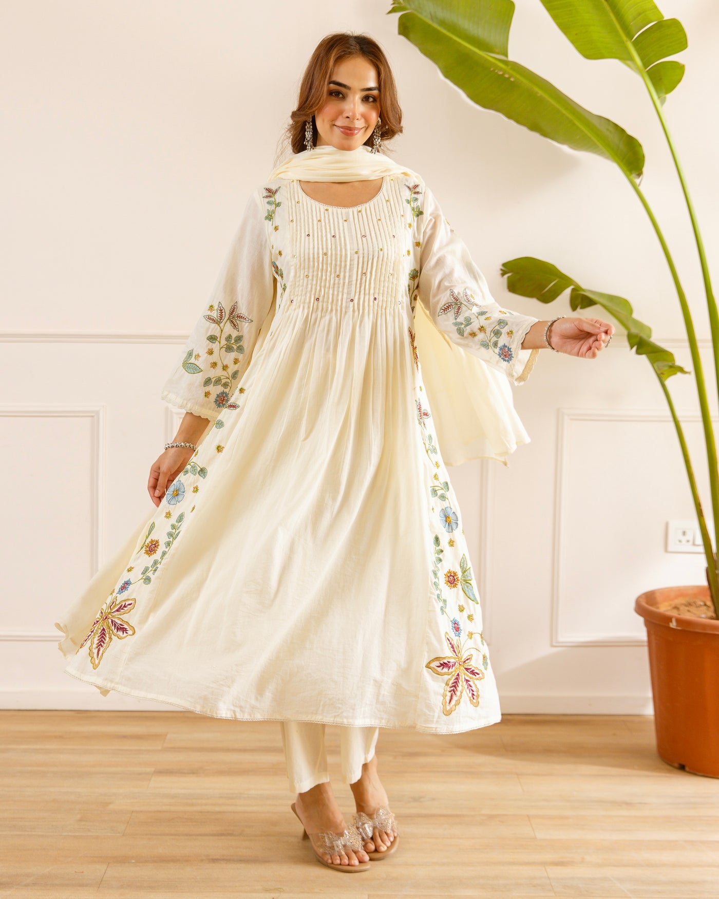Ivory Bloom Threadwork Mul Cotton A Line Suit