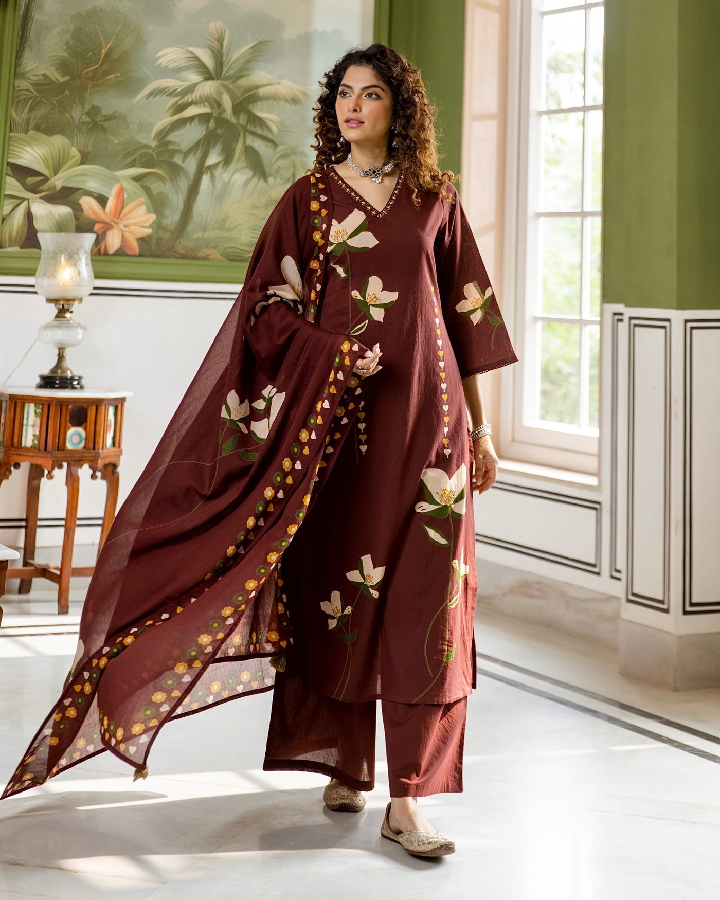 Brown Autumn Bloom Cotton Palazzo Suit