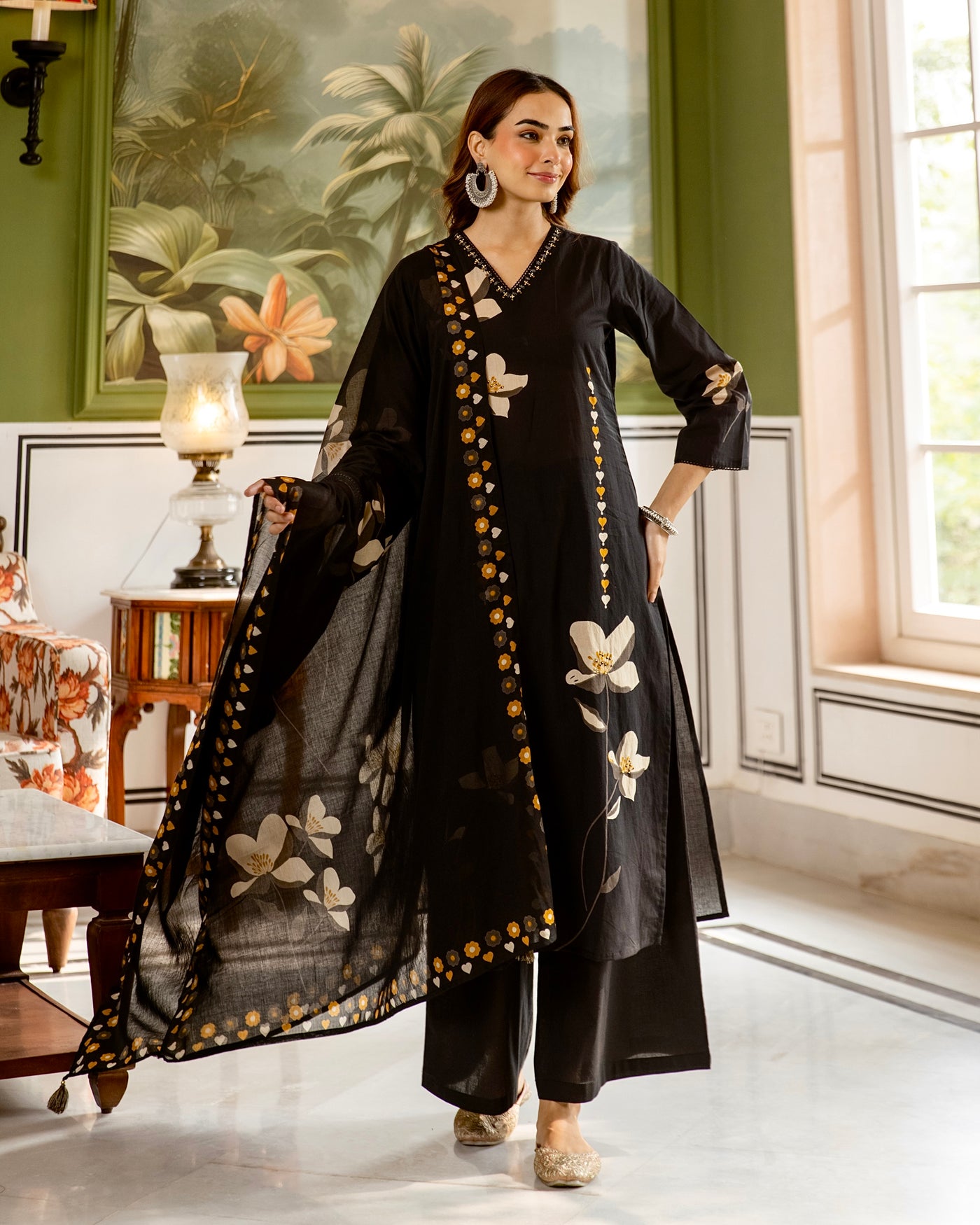 Black Autumn Bloom Cotton Palazzo Suit