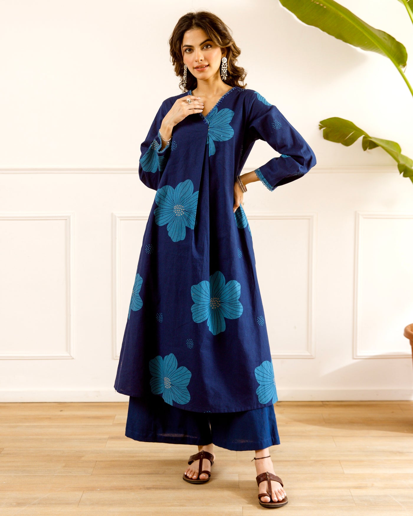 Moonlit Sapphire Bloom A Line Cotton Kurta Set