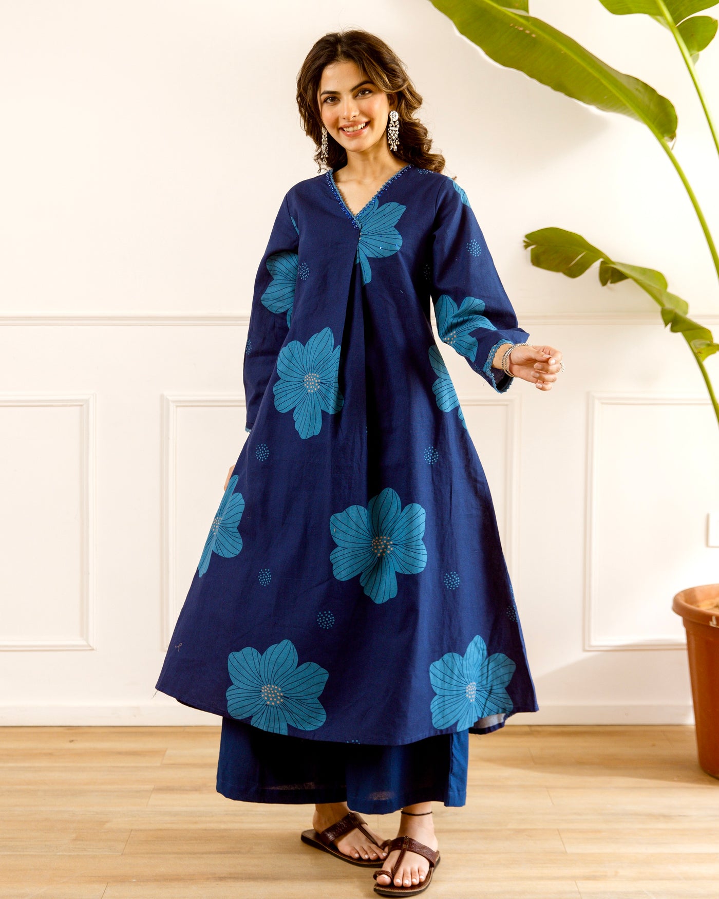Moonlit Sapphire Bloom A Line Cotton Kurta Set