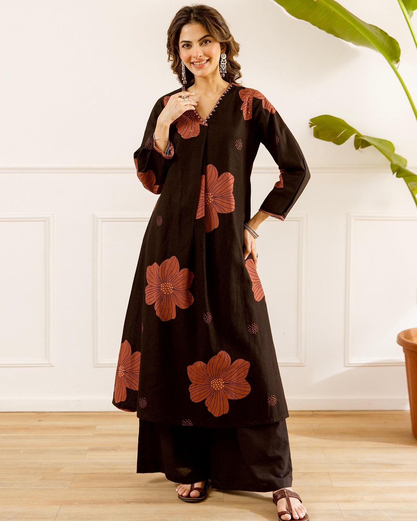 Midnight Terracotta Bloom A Line Cotton Kurta Set