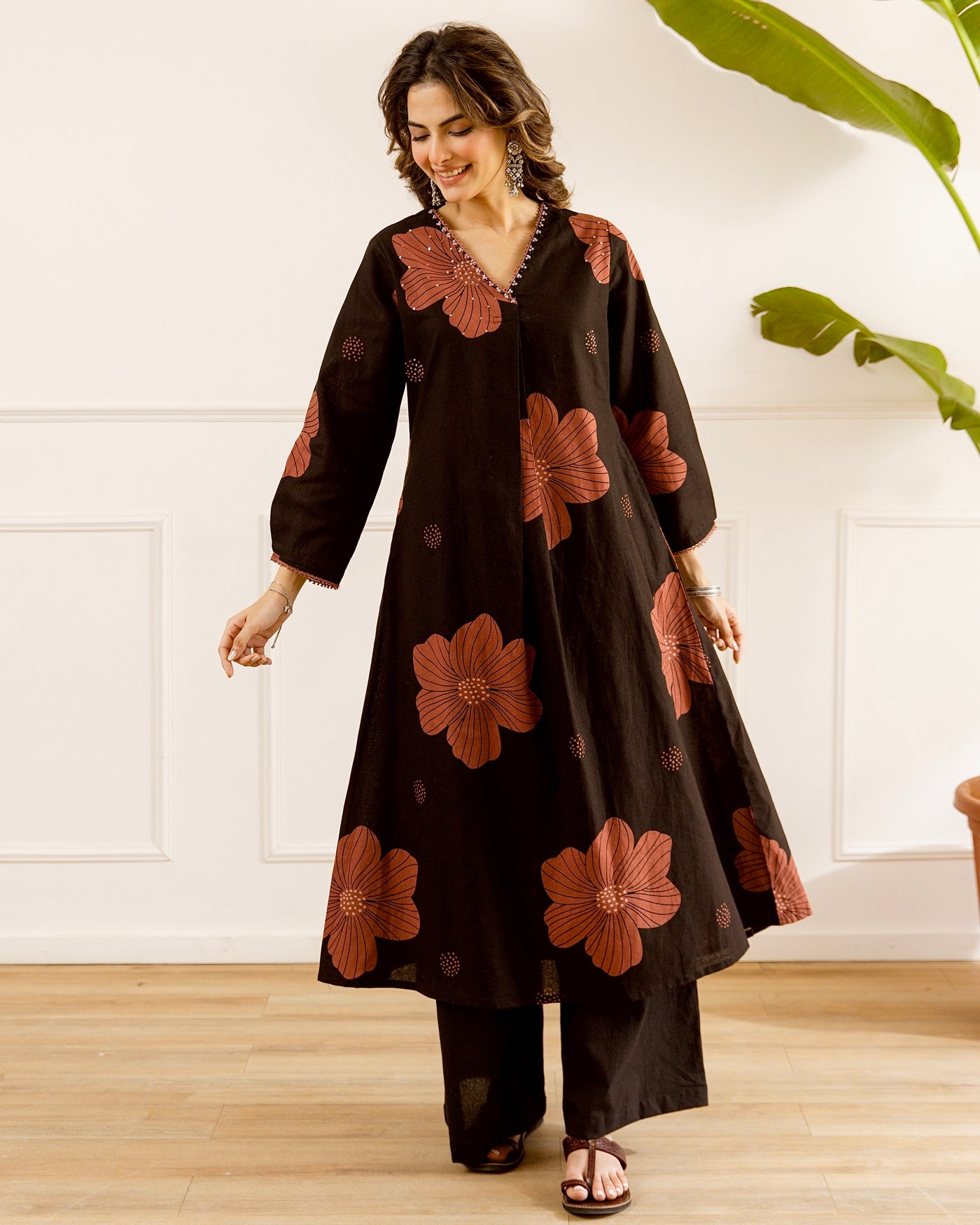 Midnight Terracotta Bloom A Line Cotton Kurta Set