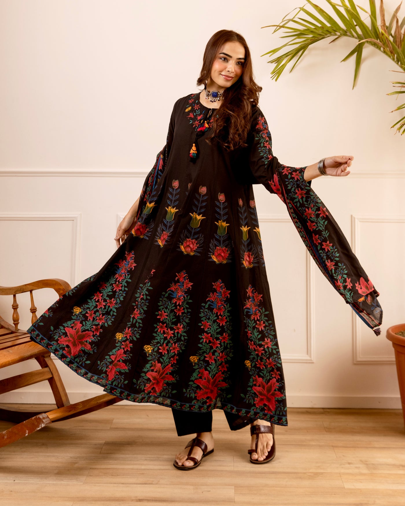 Noor-e-Gul Black Garden A Line Cotton Suit