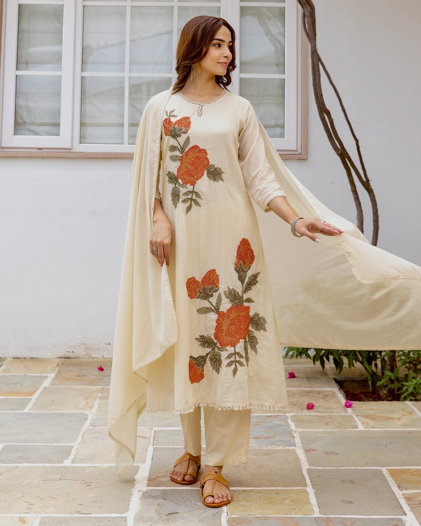 Ivory Rose Garden Cross Stitch Mul Cotton A Line Suit