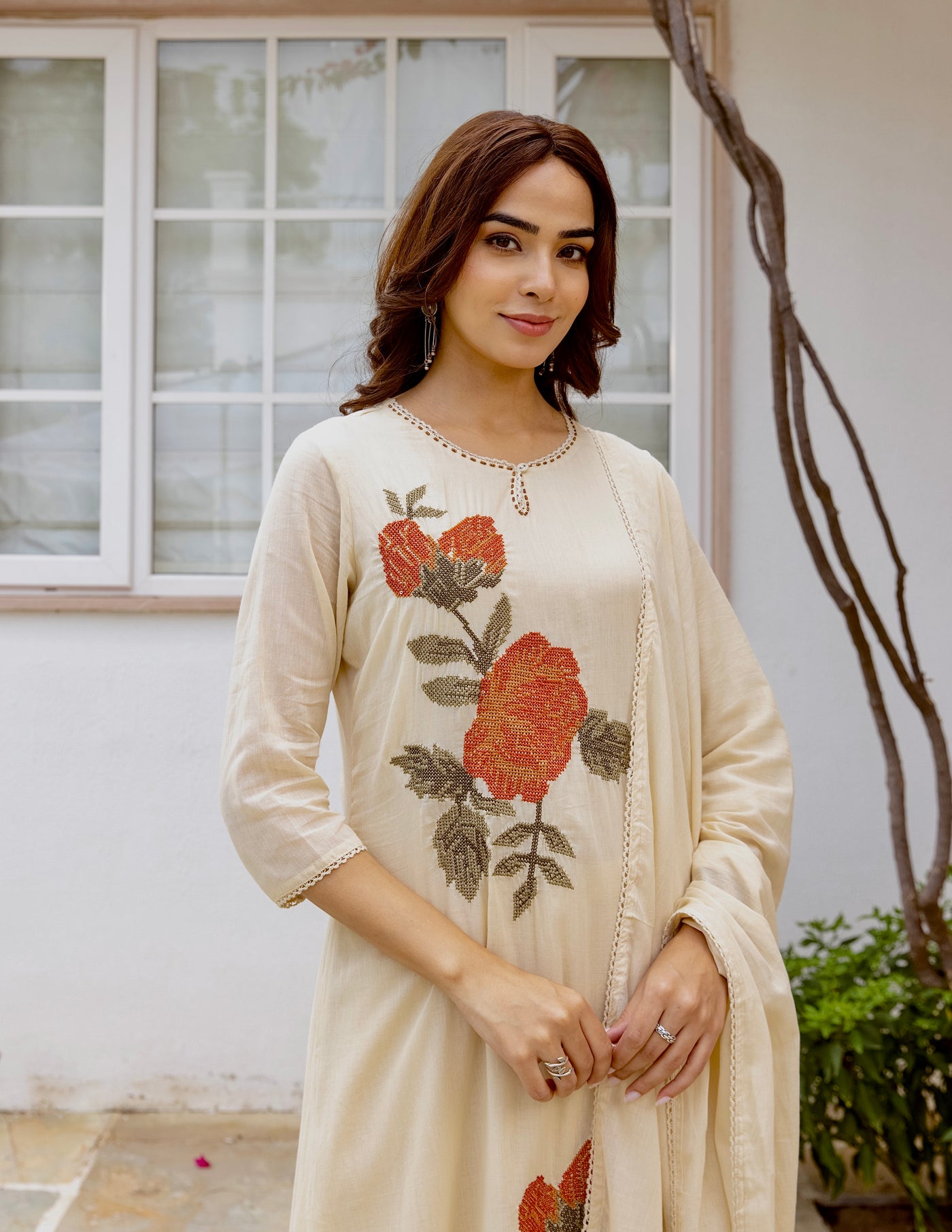 Ivory Rose Garden Cross Stitch Mul Cotton A Line Suit