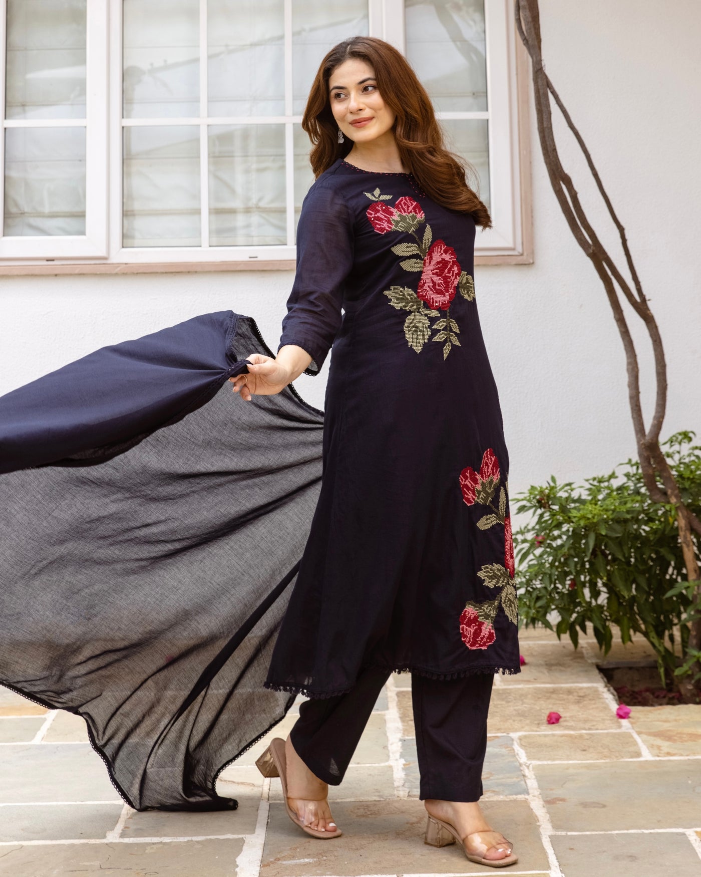 Navy Scarlet Garden Cross Stitch Mul Cotton A Line Suit