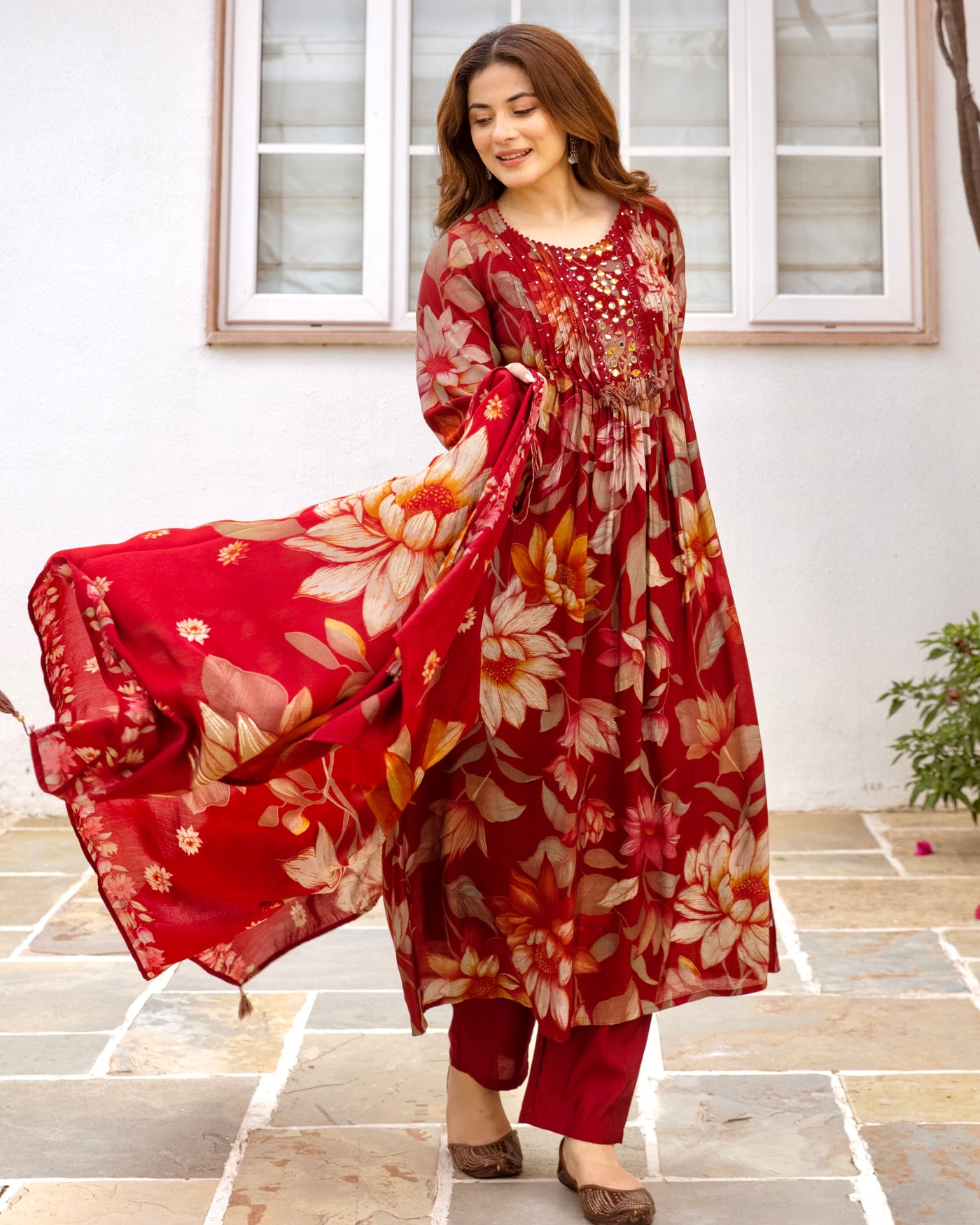 Maroon Gulmohar Mirrorwork A Line Mul Chanderi Suit