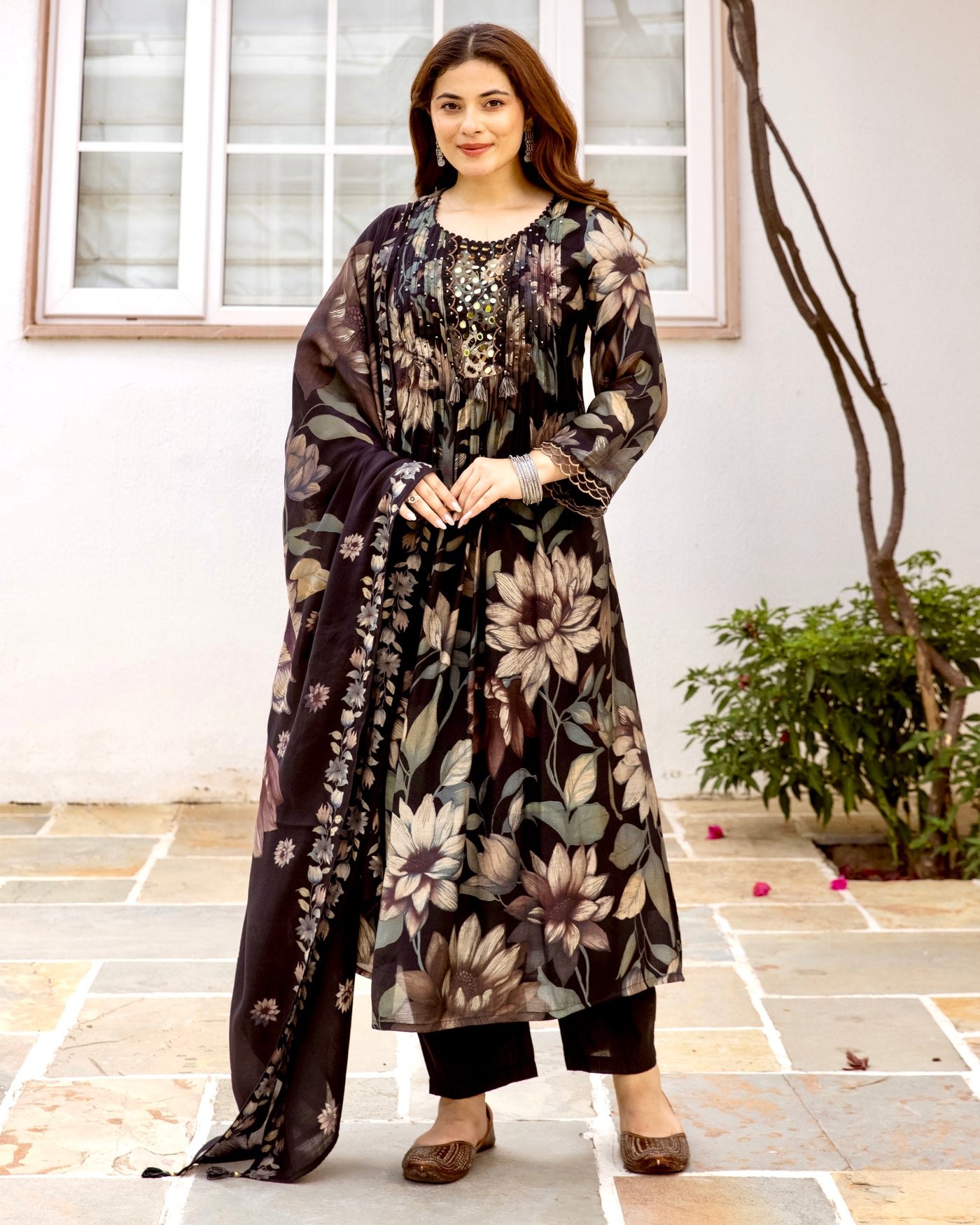 Black Gulmohar Mirrorwork A Line Mul Chanderi Suit