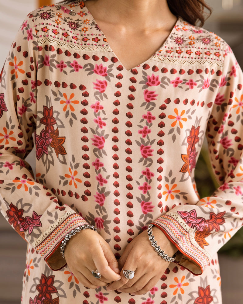 Ivory Autumn Garden Cotton A Line Kurta Palazzo Set