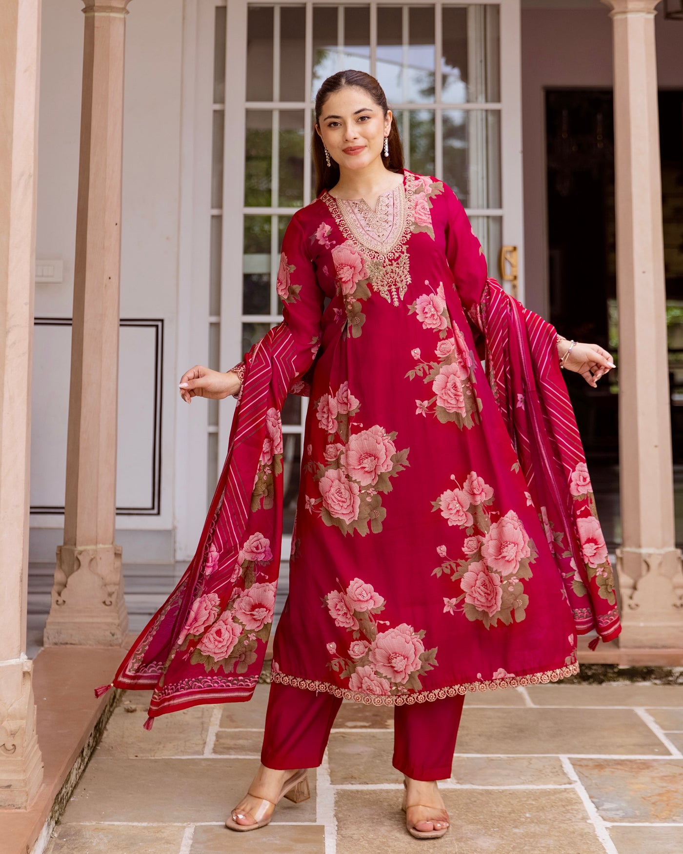 Gulab Floral Handwork Mul Chanderi A Line Suit