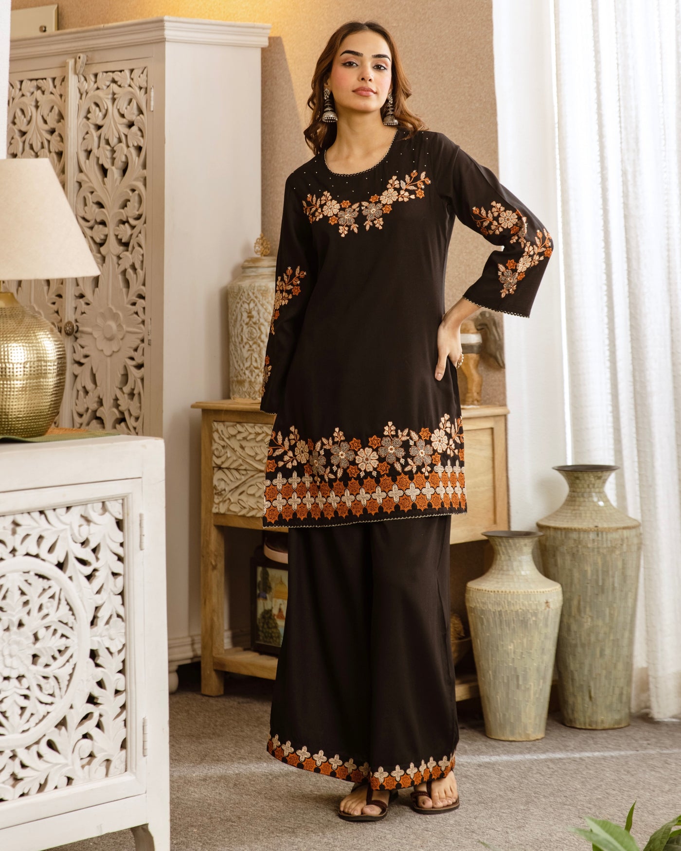 Midnight Black Flora Threadwork Cotton Co-ord