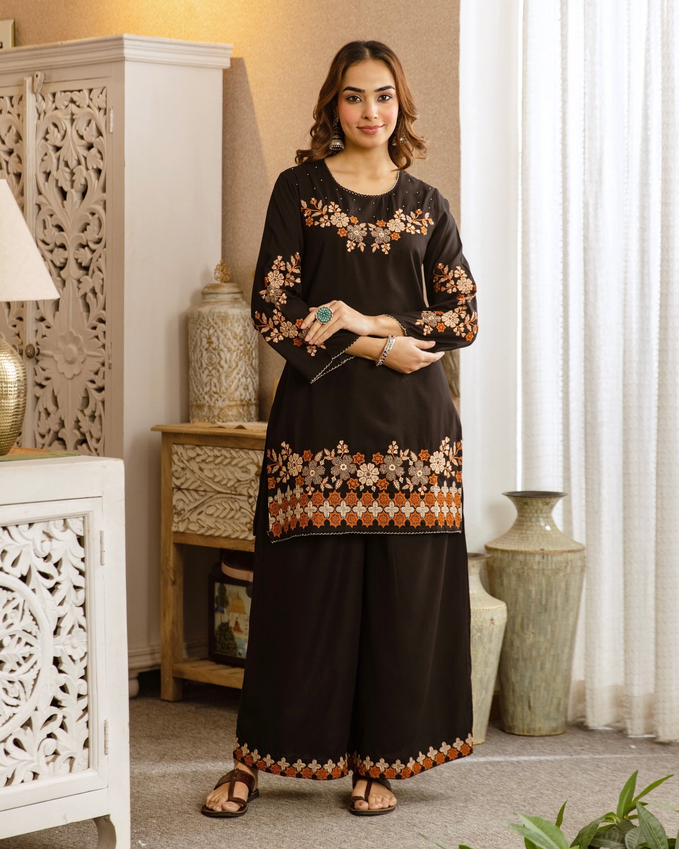 Midnight Black Flora Threadwork Cotton Co-ord