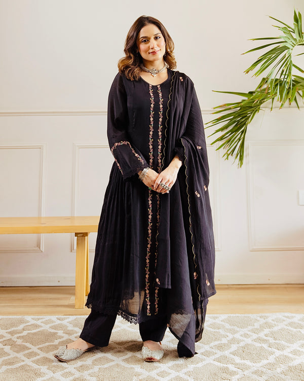 Black Midnight Muse A Line Threadwork Mul Chanderi Suit