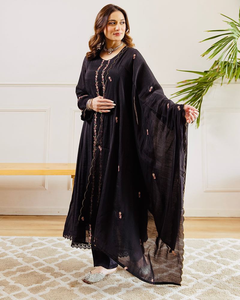 Black Midnight Muse A Line Threadwork Mul Chanderi Suit