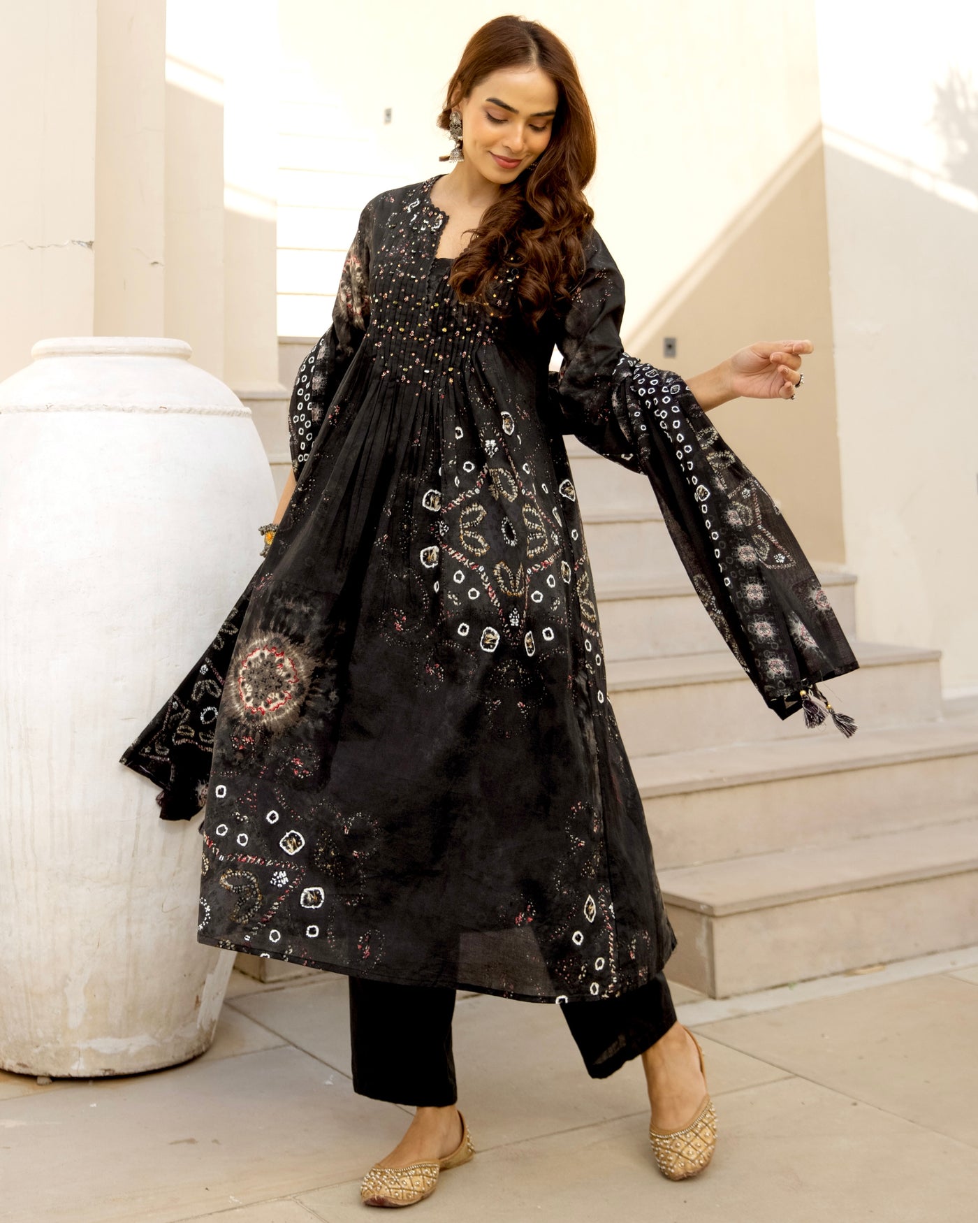 Moonlit Black Bandhani Cotton A Line Suit