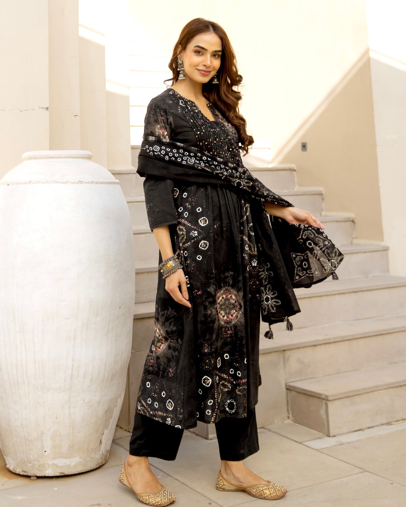 Moonlit Black Bandhani Cotton A Line Suit