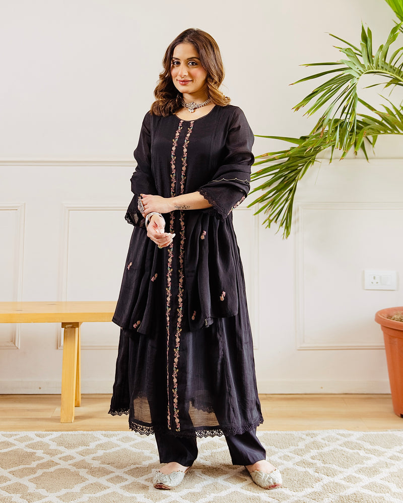 Black Midnight Muse A Line Threadwork Mul Chanderi Suit