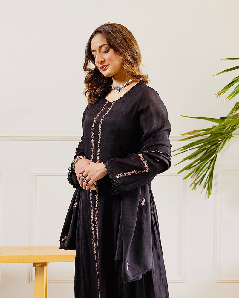 Black Midnight Muse A Line Threadwork Mul Chanderi Suit