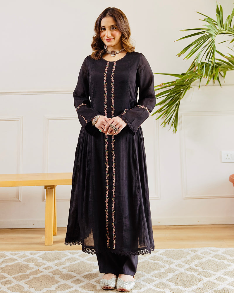 Black Midnight Muse A Line Threadwork Mul Chanderi Suit