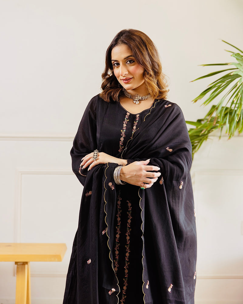 Black Midnight Muse A Line Threadwork Mul Chanderi Suit