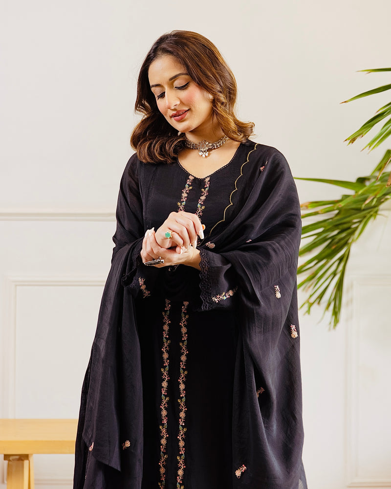 Black Midnight Muse A Line Threadwork Mul Chanderi Suit