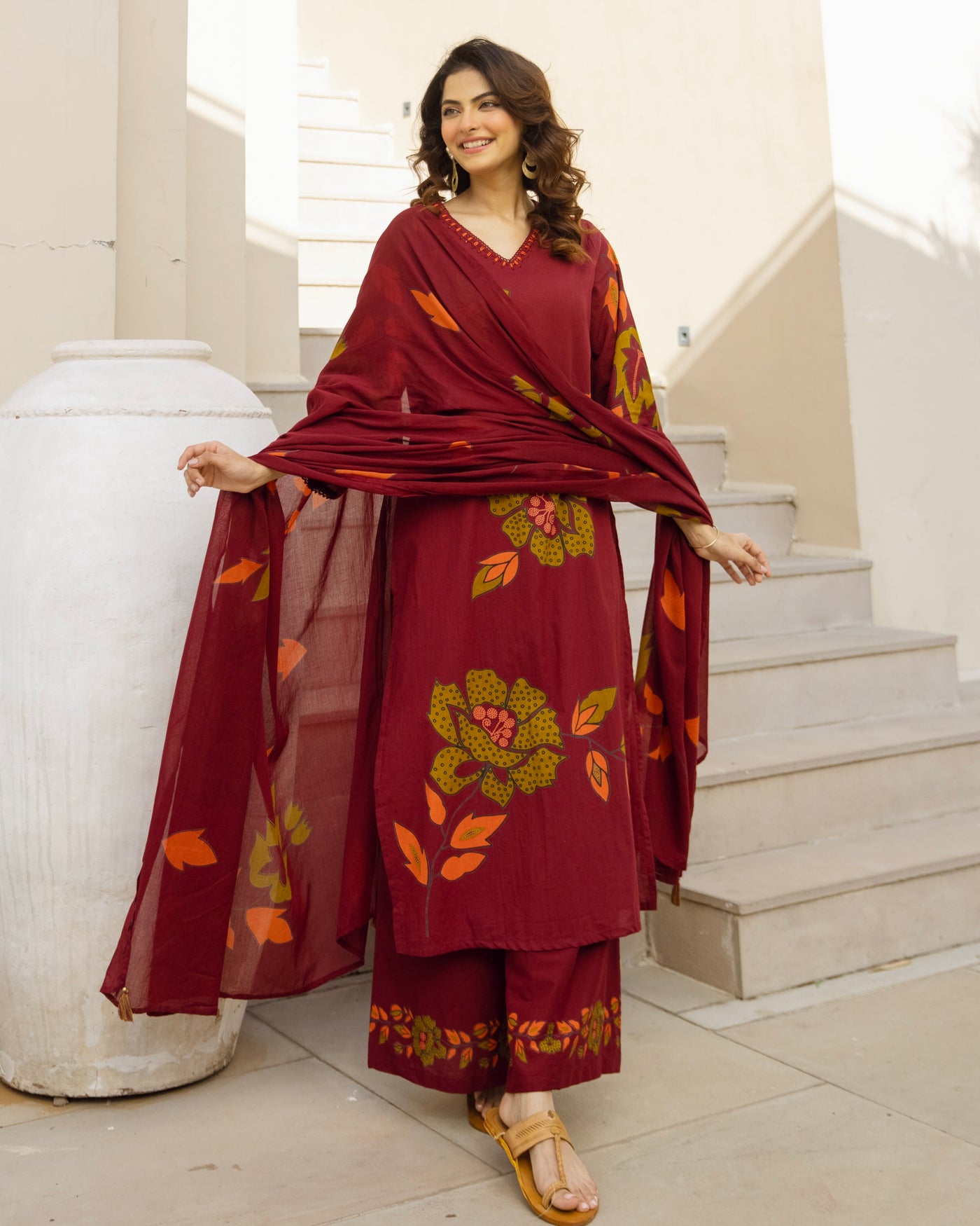 Maroon Meadow Autumn Flora Cotton Suit
